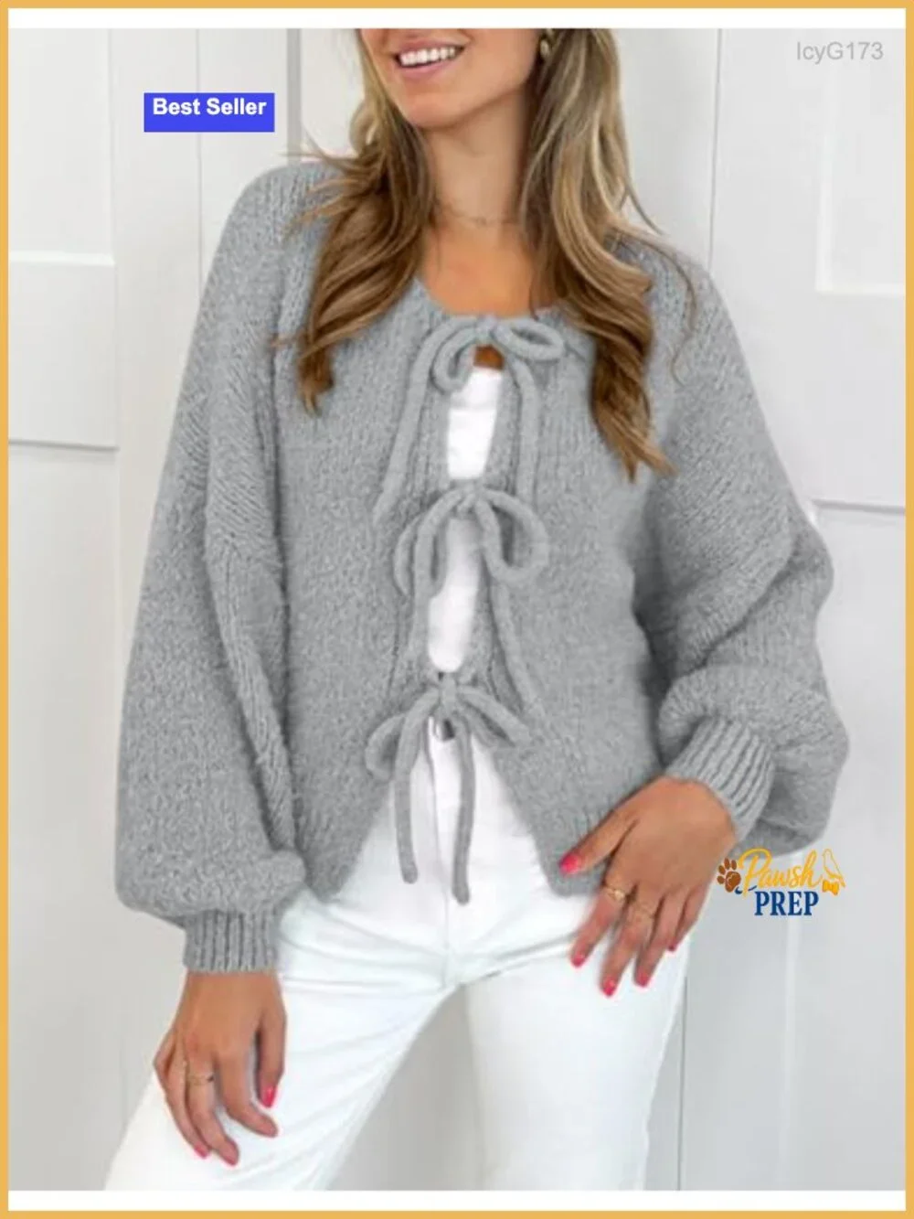 Chunky Cable Knit Tie Front Bow Cardigan, Oversized Puff Sleeve Open Front